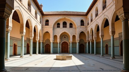 A peaceful courtyard of an Islamic school (madrasa), surrounded by arches and decorated with vibrant tiles
