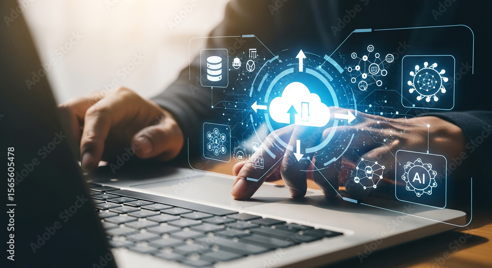 Fototapete person using laptop, interacting with cloud computing interface showcasing data transfer, ai, and ne