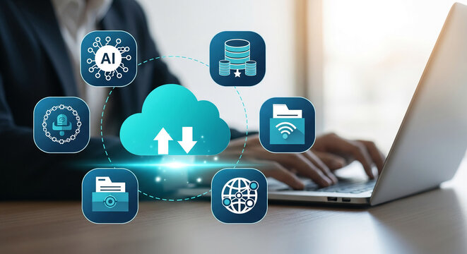 Person using laptop, cloud computing icons displayed, symbolizing data storage, AI, and network connectivity, showcasing digital technology and information exchange