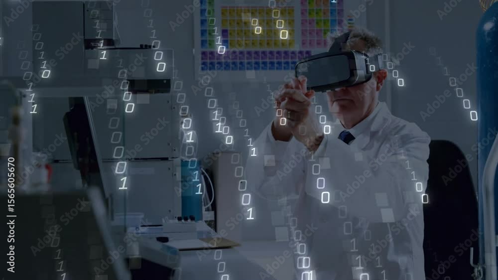 Poster senior scientist donning vr headset while manipulating binary data clusters for data analysis