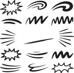 Comic line sparkle and movement elements set. black ink motion accents, burst effects, and dynamic hand drawn stroke symbols perfect for manga, cartoon, or pop art vector illustration projects.