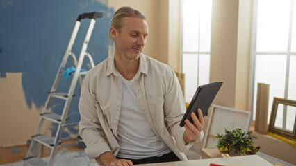 Man indoors reading tablet in bright room with fresh paint ladder and plants suggesting new modern...