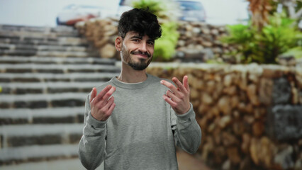 Young man outdoors on urban street gestures with confidence and charm, surrounded by stone steps...