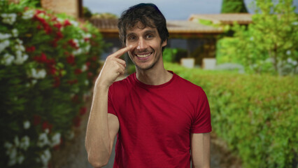 Obraz premium Young man wearing red shirt pointing finger to cheek in lush green park with hedges and blossoms under bright daylight; happiness.