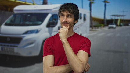 Fototapeta premium Man in red shirt stands by white camper van with hand on chin under blue sky in bright sunlight on busy street; serenity.