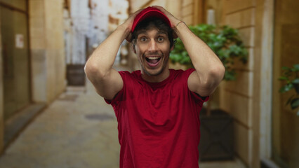 Man smiling with open mouth wearing red t shirt and adjusting red cap on historic street; surprise...