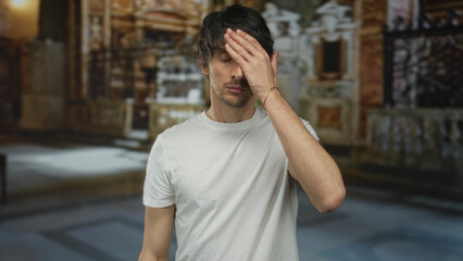 Man covers face with hand inside church building under soft light in front of altar, wearing white...