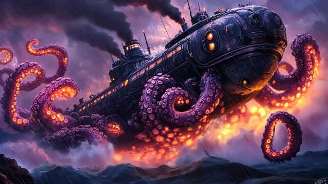 Steampunk vessel towed by giant octopus in stormy seas