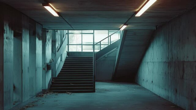 An empty concrete stairwell with a set of metal steps leading up to the entrance. The interior appears stark and devoid of people.