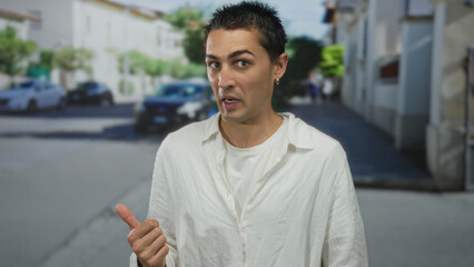 Young hispanic man in white shirt points thumb to the side on sunlit urban street; uncertainty...