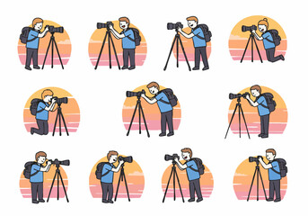 Cartoon illustration set of photographers with cameras on tripods against a sunset or sunrise background, showing various poses and perspectives.