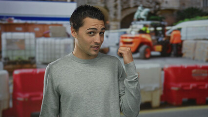Young man in grey sweater points thumb toward building under construction outdoors and winks;...