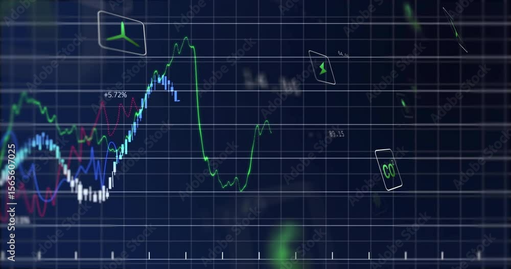 Poster on grid loading power icon floating forward while chart lines oscillating visualizing energy trends