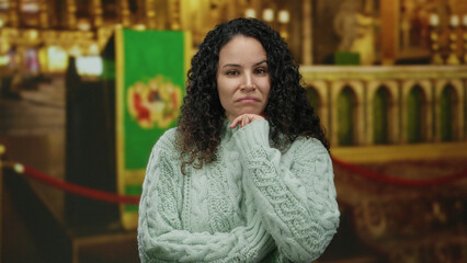 Young hispanic woman contemplating quietly indoors at a church, surrounded by holy decor, wearing a cozy sweater, capturing a moment of reflection.