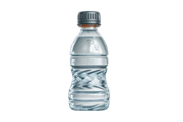 PNG Clear plastic water bottle with grey cap and droplets on surface