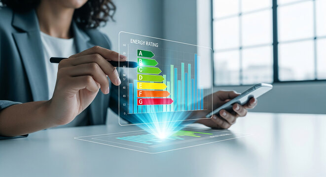 Woman interacts with a holographic energy rating display, showing efficiency grades and charts, symbolizing sustainable technology and data analysis in business
