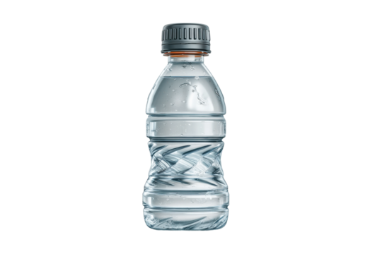 PNG Clear plastic water bottle with grey cap and droplets on surface