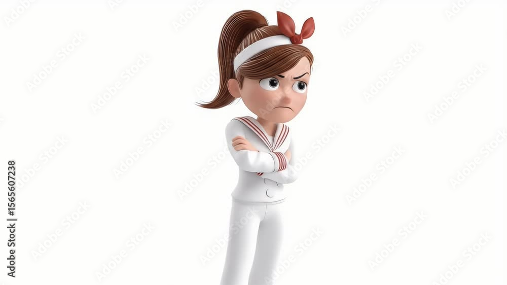 Poster animated girl character with angry expression in white studio setting
