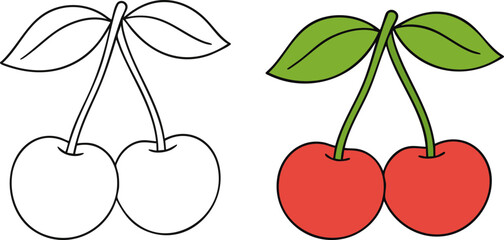 Flat Vector Cherries Illustration: Coloring Page and Colored Version