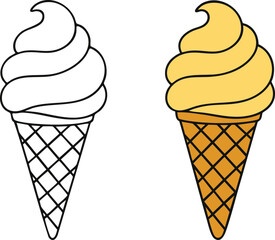 Flat Vector Ice Cream Cone Illustration: Coloring Book Outline & Colored Version