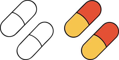 Flat Vector Illustration of Two Capsules: Coloring Book Outline and Colored Version