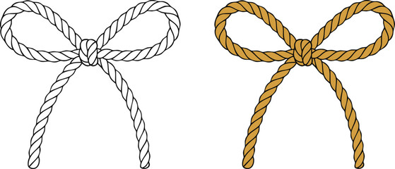Flat Vector Rope Bow with Coloring Outline and Colored Version