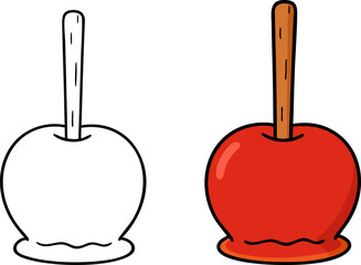 Flat Vector Candy Apple Illustration: Coloring Page and Colored Version