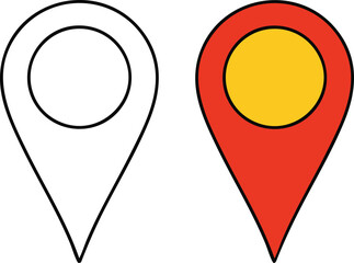 Flat Vector Location Pin Icon: Coloring Book Outline and Colored Version