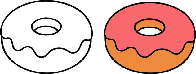 Flat Vector Donut Illustration: Coloring Book Outline & Colored Version