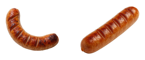 Grilled Sausage, Straight and Curved, Isolated on Transparent and White Background