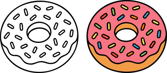 Flat Vector Donut Illustration: Colored & Outline for Coloring Books