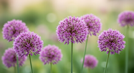 Purple allium flowers bloom on tall green stems, standing gracefully in a soft-focus garden background, evoking a sense of calm, elegance, and natural beauty.
