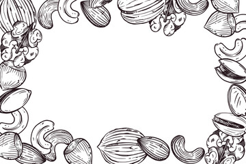Rectangular frame of nuts, walnuts, almonds, cashews. All objects are hand-drawn in vector ink. The illustration is suitable for the decoration of the packaging of nuts, other food and cosmetics.