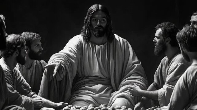 A man in a white robe sits on a bench with his hands on his knees. He is surrounded by four other men