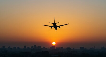 Airplane silhouetted against a vibrant sunset over a cityscape, descending for landing