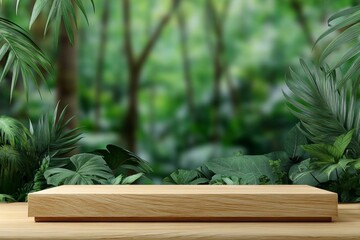 Wooden platform in lush green jungle, surrounded by tropical plants. Ideal for product display, nature themes.