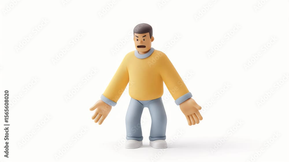 Poster animated man character with angry expression and open arms in 3d render