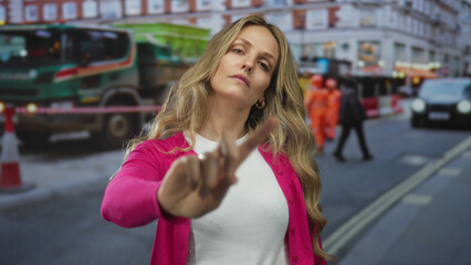 Confident woman points finger in silent refusal near construction machinery while a blonde young...
