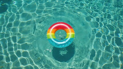 A bright inflatable circle floats in a blue pool, creating an atmosphere of summer fun and relaxation. The sun's rays are reflected on the water, filling the moment with joy and tranquility.