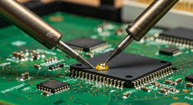 Close-up of electronic circuit board repair with soldering irons