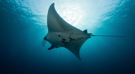 Majestic ocean creature glides gracefully through deep blue water, sunlight filtering from above