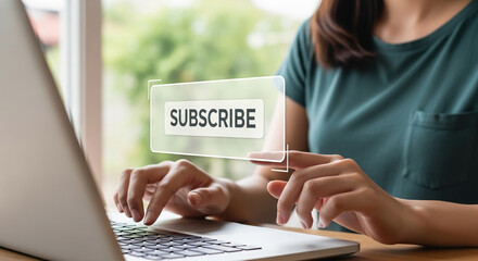 Woman's hands interacting with a "Subscribe" button on laptop screen, showcasing online subscription concept, simple and modern design, ideal for digital marketing