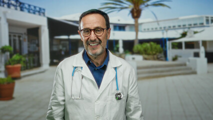 Male doctor stands outside urban healthcare facility wearing white coat and stethoscope while explaining medical information enthusiastically.