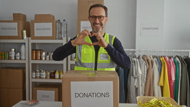 Mature man in charity center wearing a reflective vest standing with donations box surrounded by clothes and food donations creating heart shape with hands showing community spirit