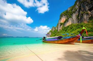 Fototapeta premium Against the background of a clear blue sky and a clear turquoise sea, there are two traditional long-tailed boats. The high green cliff creates an idyllic atmosphere of a tropical paradise.