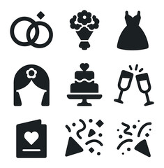 Wedding Icons Grid. Solid, filled icons set of wedding rituals: wedding rings, bouquet, wedding dress, groom