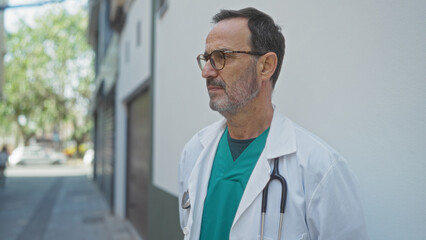 Mature hispanic man with glasses wearing a stethoscope stands outside a clinic in a bustling urban...