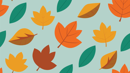 colorful autumn leaves seamless pattern on a soft blue-green background