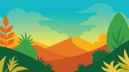 vibrant desert landscape with colorful sand dunes, lush plants, and a gradient sky