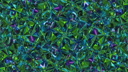 Abstract background of shimmering green and blue faceted gemstones with purple accents